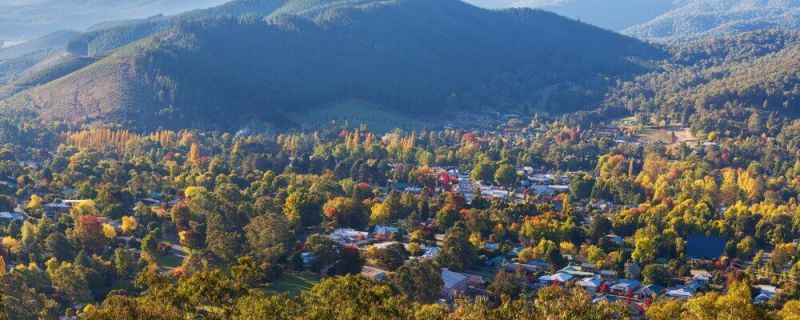 Melbourne Private Tours High Country Beautiful countryside town in autumn aerial panorama Bright Victoria